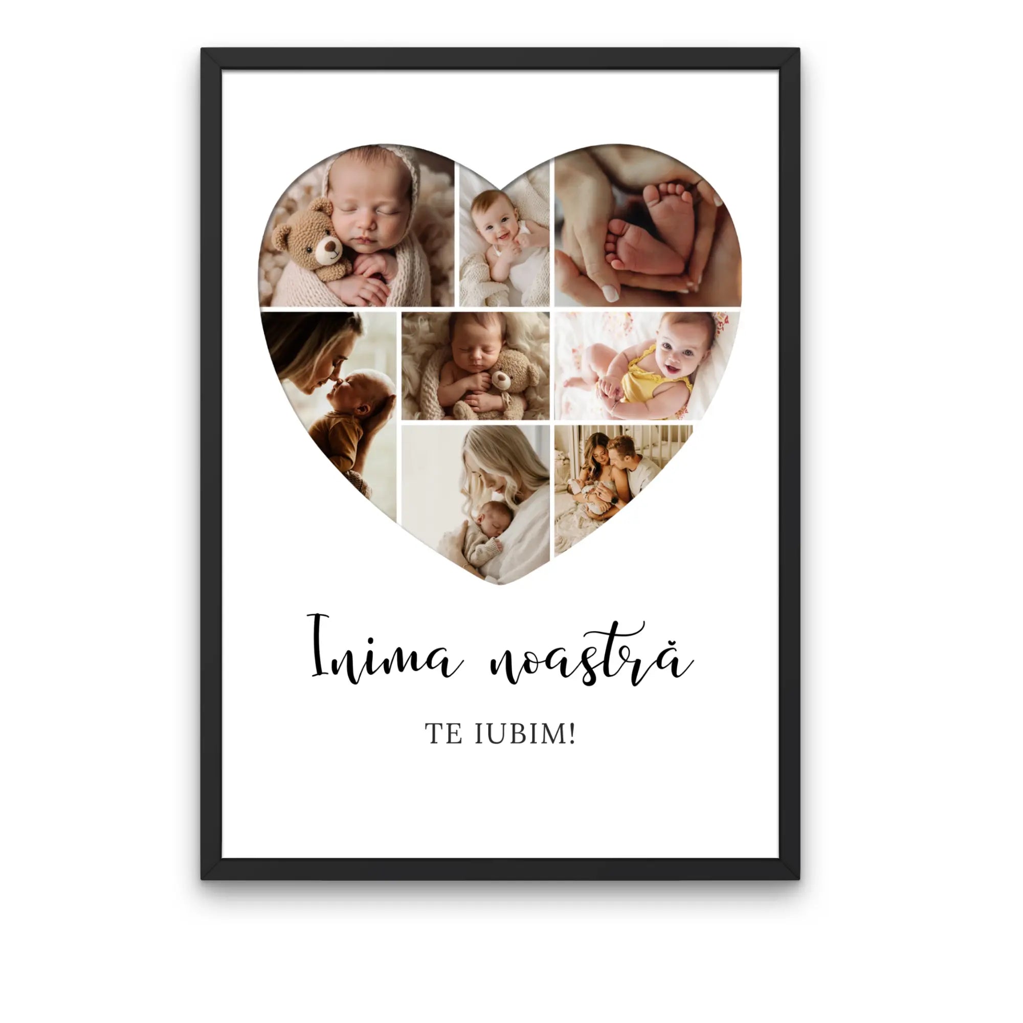 Tablou personalizat cu 8 poze în formă de inimă și text