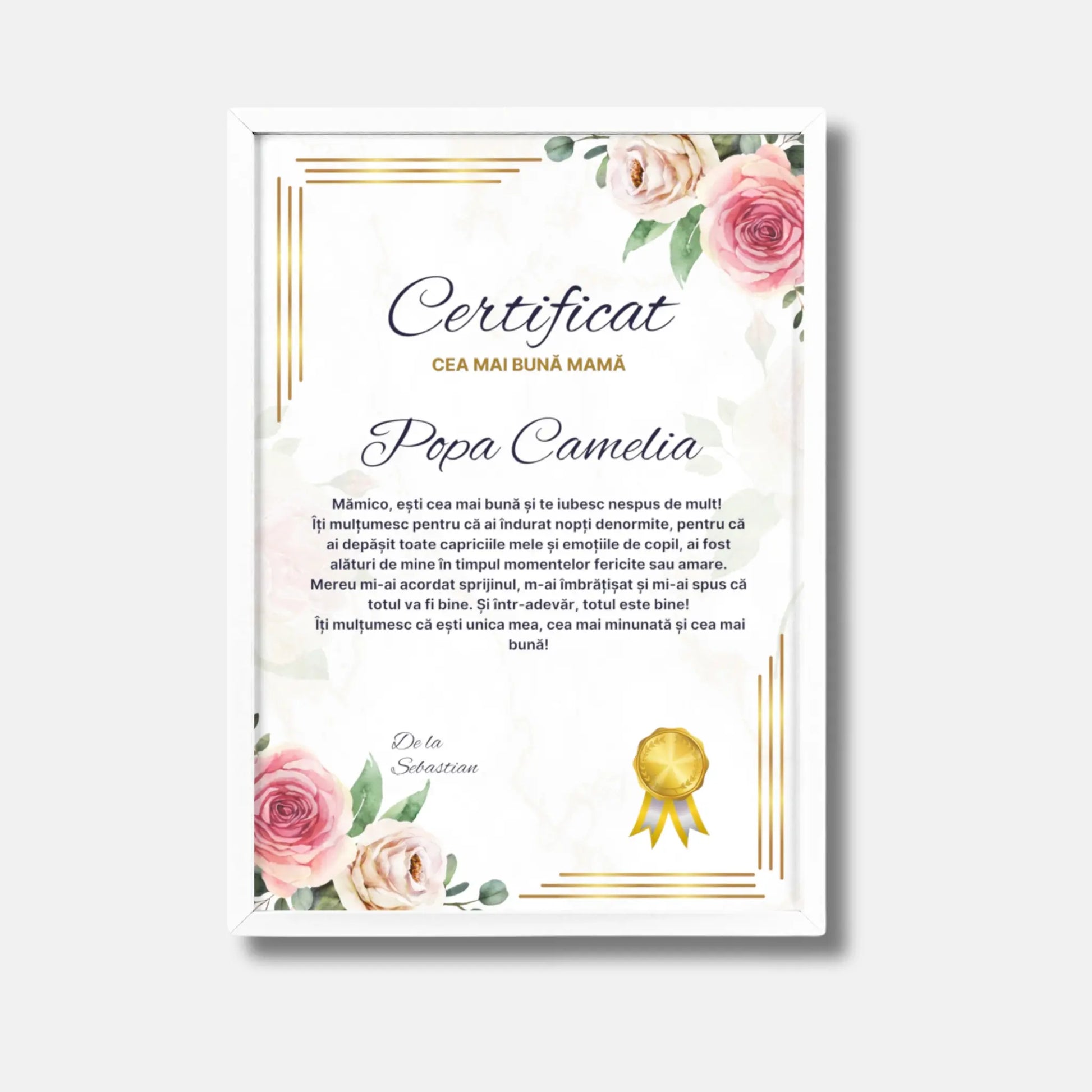 Certificat personalizat cea mai buna mama rama alba