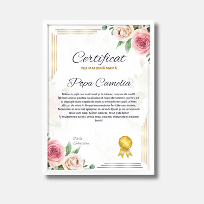 Certificat personalizat cea mai buna mama rama alba