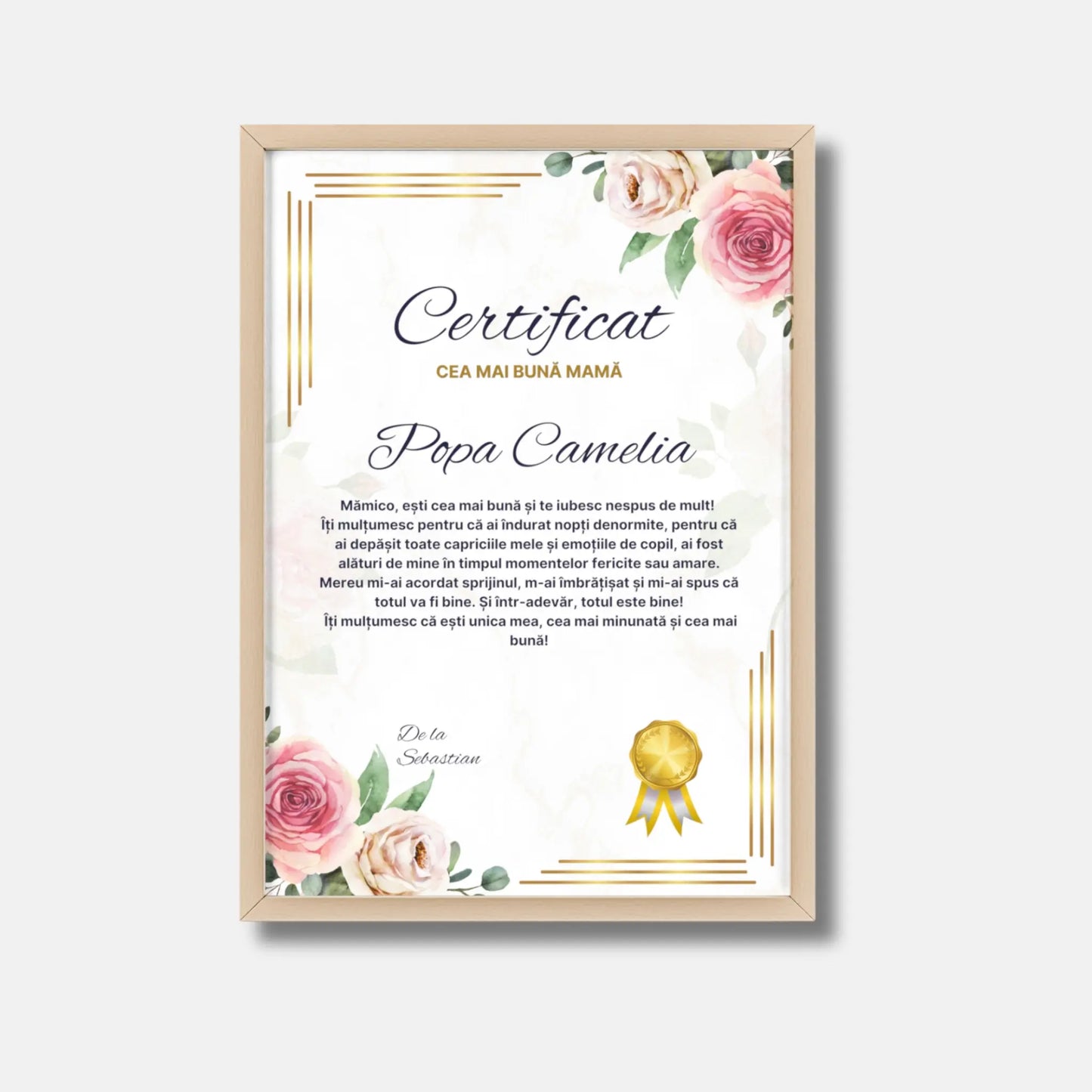 Certificat personalizat cea mai buna mama rama lemn