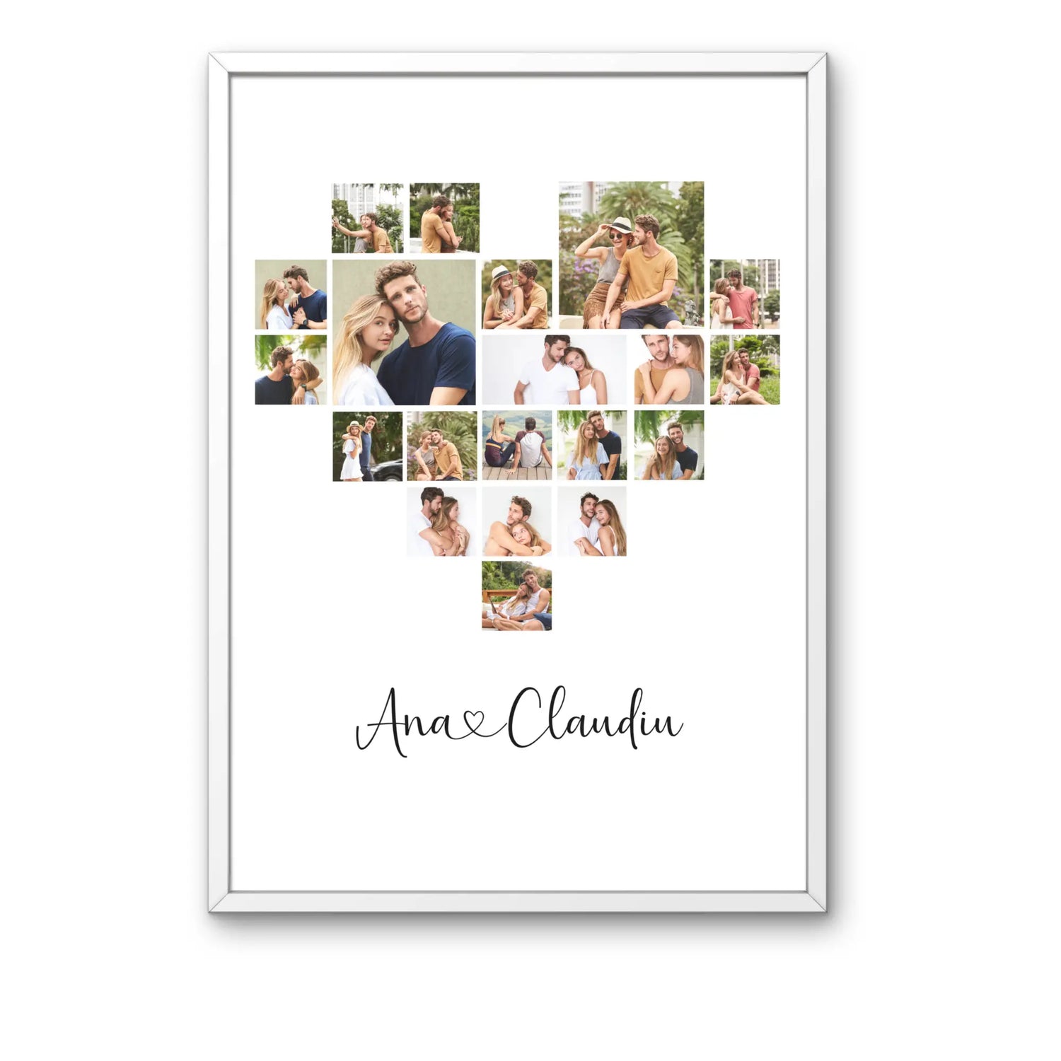 Tablou personalizat cu 20 poze în formă de inimă și text