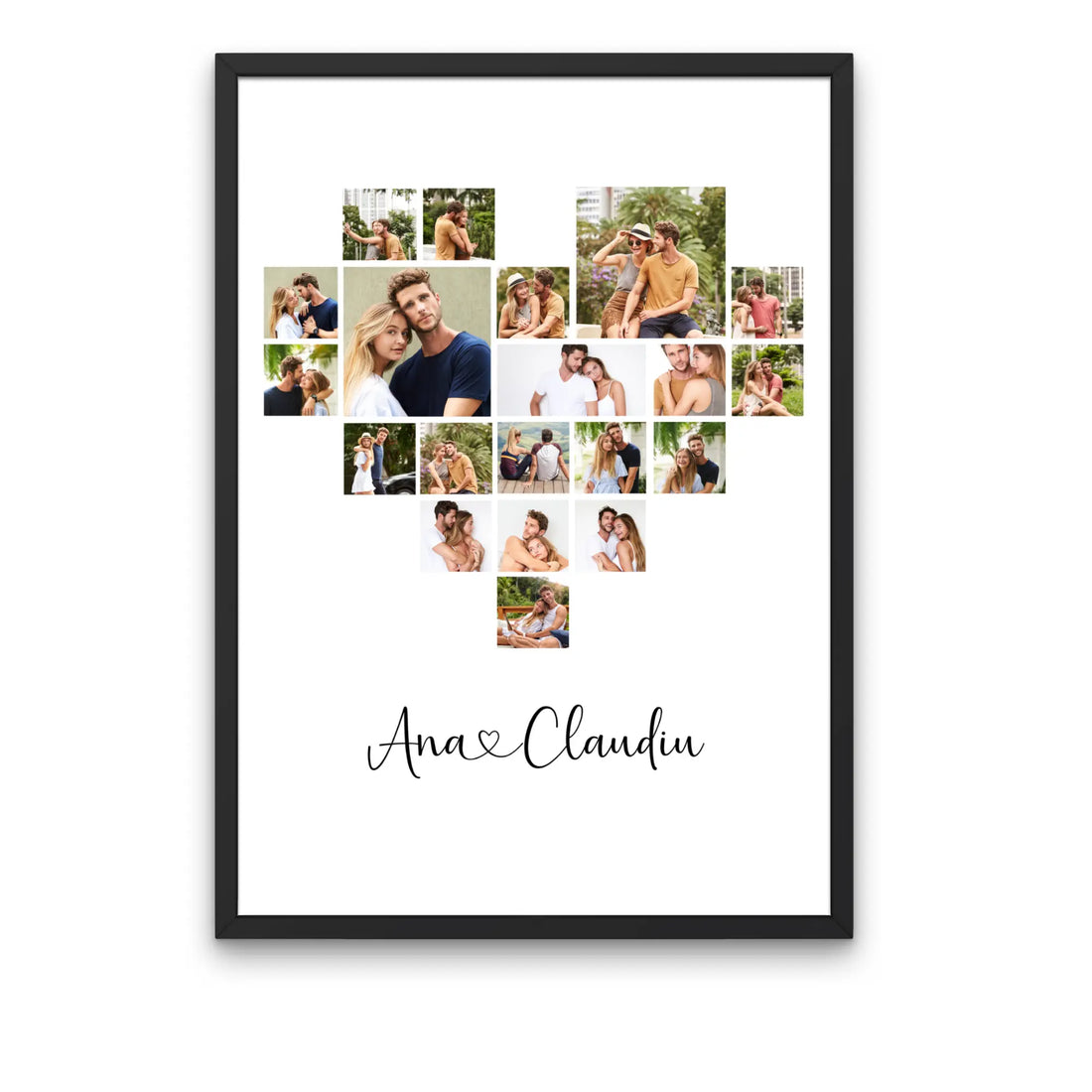 Tablou personalizat cu 20 poze în formă de inimă și text