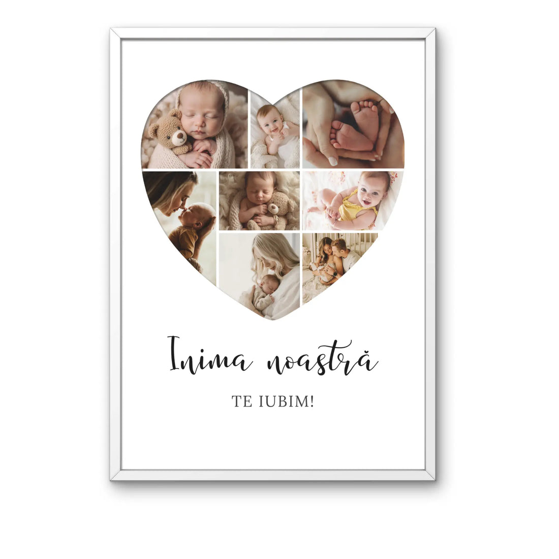 Tablou personalizat cu 8 poze în formă de inimă și text