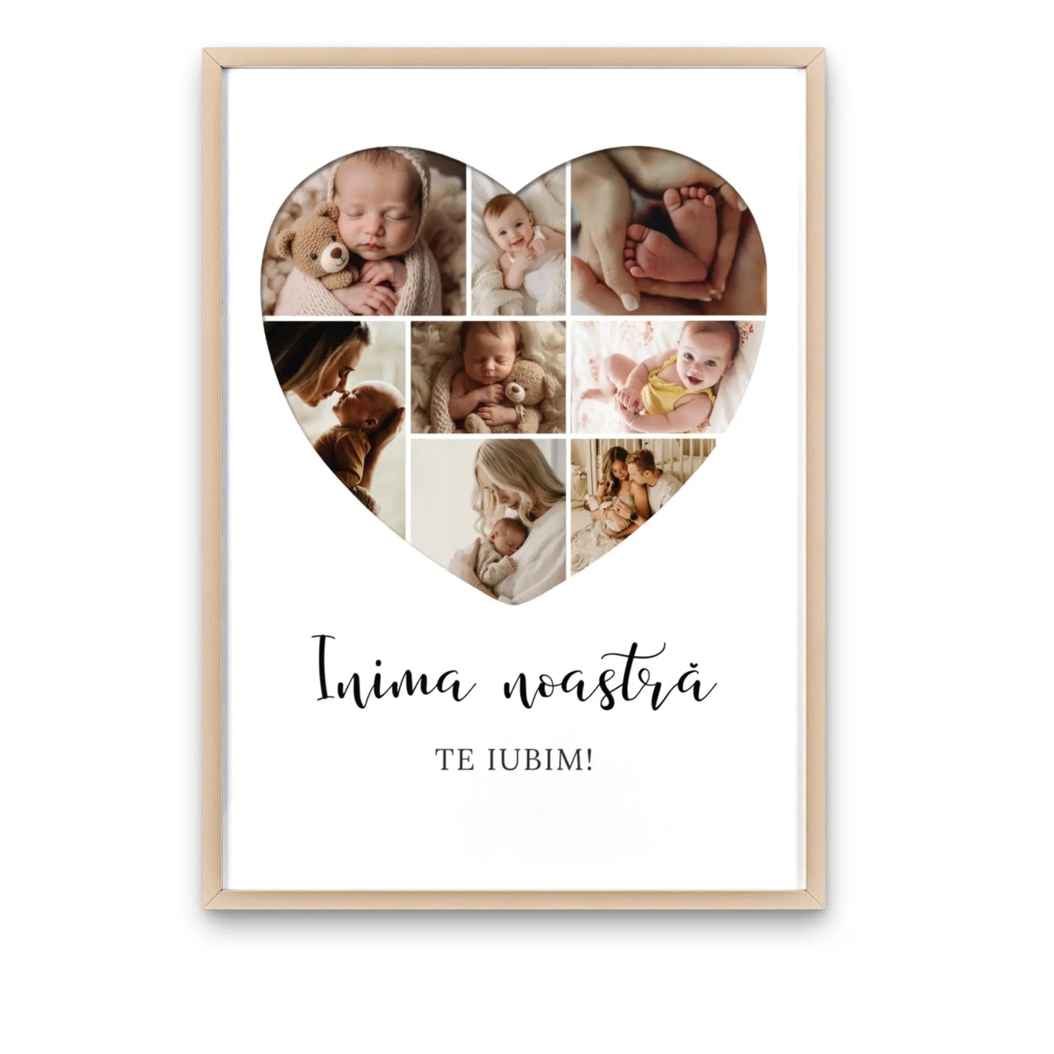 Tablou personalizat cu 8 poze în formă de inimă și text