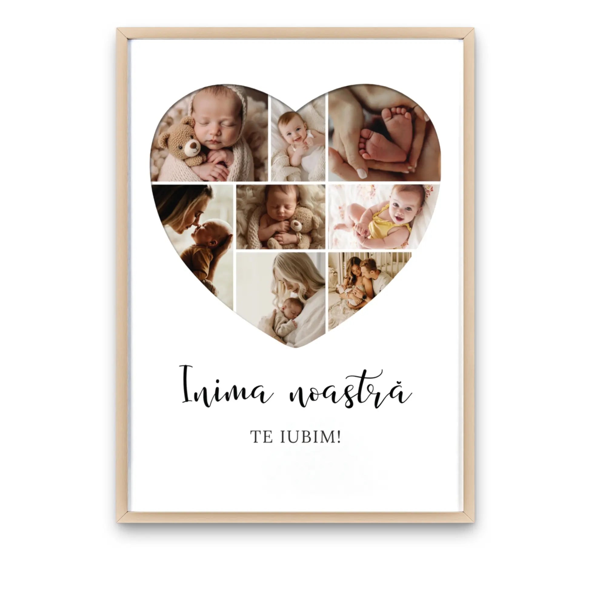 Tablou personalizat cu 8 poze în formă de inimă și text