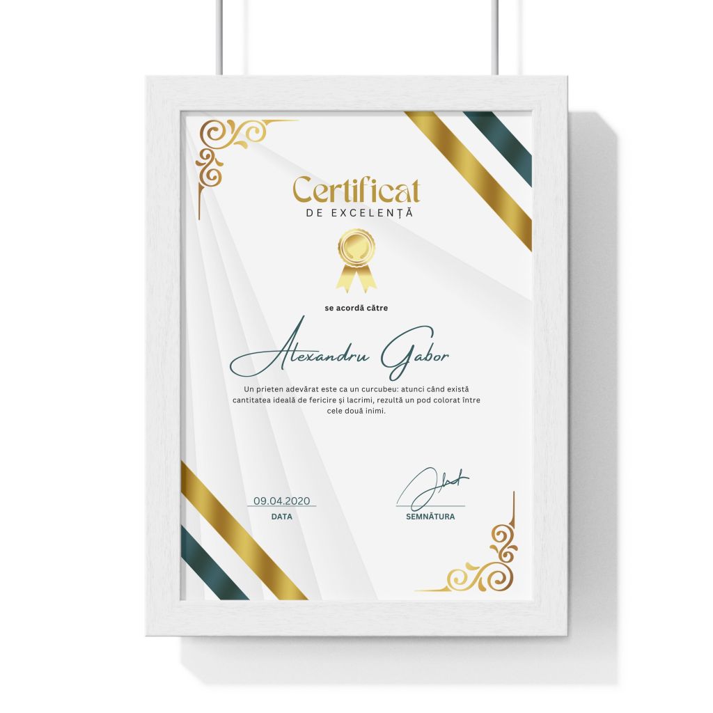 Tablou personalizat certificat de excelenta rama alba